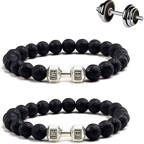 Bracelet D'haltères Traintough, Bracelet De Perles D'anxiété De Roche Volcanique Ensemble De Pierre De Lave Volcanique Noire Naturelle Cadeaux Pour Hommes Femmes Haltères En Pierre Givrée Argent