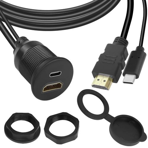 ERYI-2 En 1 Usb C Hdmi Fixation Filetée Embarqué Étanche Câble Adaptateur Usb C 2.0+Hdmi 1.4 Mâle Vers Femelle Panneau Montage Câble, Soutien 4K@60Hz, Pour Voiture Bord Tableau Bureau,1M/3.3Ft