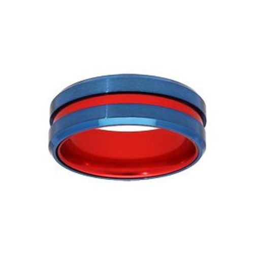 Bague Acier Et Aluminium Bleu Filet Rouge Et Intérieur Rouge