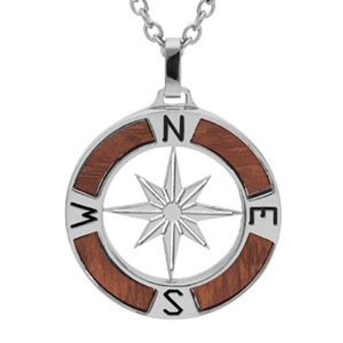 Collier Acier Pendentif Rose Des Vents Avec Aspect Bois Clair 50+5cm
