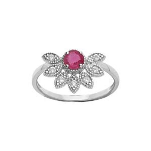 Bague Argent Rhodié Demi Fleur Rubis Véritable Et Topazes Blanches