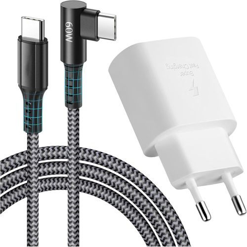Usb C Charger 25w - Usb C Power Adapter Fast Charger Pd3.0 For Samsung Galaxy S22/S21 Ultra/S21+/Z Flip 3/2/A53 5g/S20/Note10/20 Ultra/S10, 2m Usb-C Right Angle To Usb -C Nylon Cable