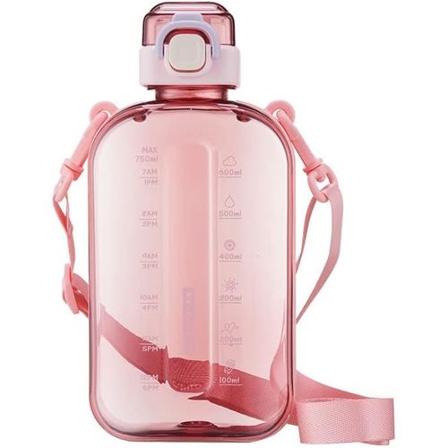 Bouteille D'eau Plate De 750 Ml, Bouteille D'eau De Sport Pour L'extérieur Avec Bouchon À Ouverture En Un Clic, Bouteille De Voyage Avec Marqueur De Temps Et Sangle Pour Sport Et Fitness (Rose)