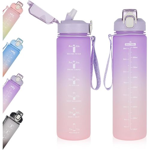 Gourde Sport 1 Litre, Bouteille D'eau Sport Avec Paille, Étanche Gourde Motivation Avec Marqueur Temps, Grande Bouteilles Eau Plastique , Bouteille Fitness Gym Femme Homme (Violet)