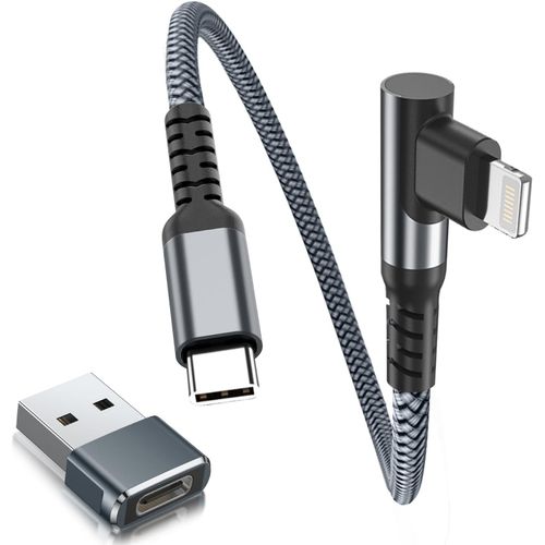 Thef-Câble Chargeur Usb C Vers Lightning 0.3m 90 Degrés Avec Adaptateur Usb A,Coudé Cordon Type C Pd Angle Droit Charge Rapide Pour Iphone 11 12 13 14 Pro Max Xr Se X Xs 8 7 6 Plus