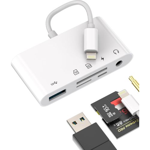 THEF-Adaptateur Lightning USB Lecteur Carte SD Micro SD Lecteur de Carte 3.5 Casque Jack Chargeur 5in1 Clé Télécharger Photo Câble Aux Écouteurs Accessoires pour Apple Iphone 14 13 Pro Max pour iPad