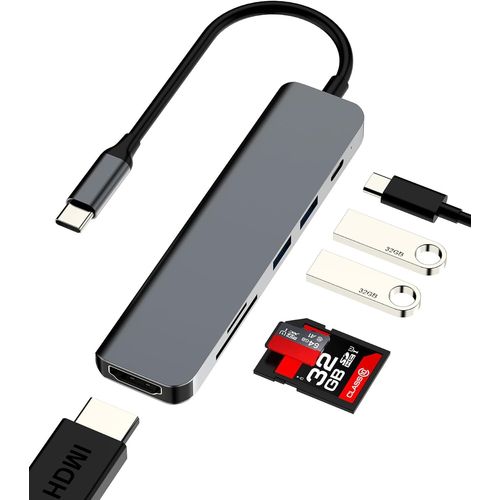 THEF-Adaptateur USB C Vers HDMI(6en1)SD Micro SD Carte Lecteur USB OTG 3.0 MacBook Pour iPad Type C Chargeur Pour Apple iphone 16 15 Pro Max Compatible Avec Samsung PC Dock MultiPort Clavier Souris S