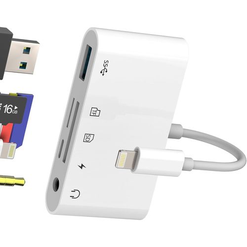 THEF-Adaptateur Lightning vers USB Micro SD Jack 3,5 mm Chargeur Lecteur de Cartes SD (5-en-1) pour Apple pour iPhone 14 13 12 11 Pro Max pour iPad Cartes SD Écouteurs OTG Câble Compact Flash Accesso