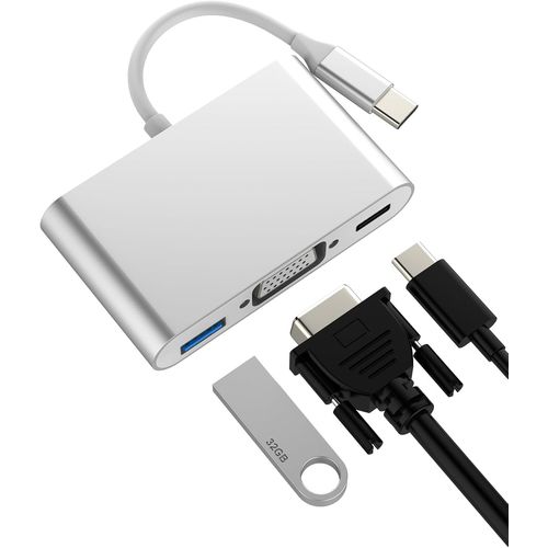 THEF-Adaptateur USB C vers VGA 3 en 1 USB 3.0 OTG MacBook pour iPad pour Apple iPhone 16 15 Pro Max Type C Chargeur Câble Adapters DisplayPort TV Thunderbolt Convertisseur Compatible avec Samsung S25