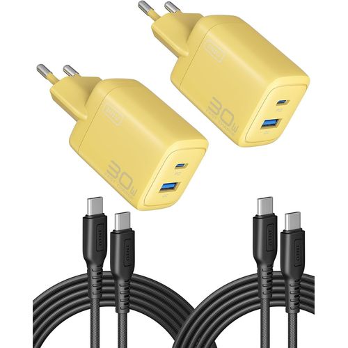 THEF-Lot de 2 chargeurs USB C 30 W [USB-C + USB-A] Bloc d'alimentation multiple avec câble USB-C, fiche chargeur rapide PD 3.0, adaptateur USB C pour iPhone 16 15 Pro Max, iPad Pro, Samsung S24 Ultra