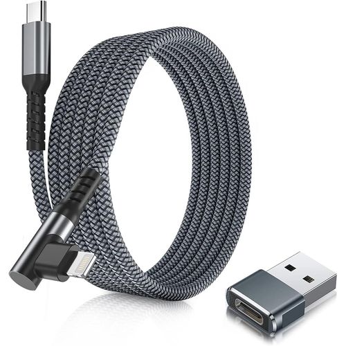 Thef-Câble Chargeur Usb C Vers Lightning 1m 90 Degrés Avec Adaptateur Usb A,Coudé Cordon Type C Pd Angle Droit Charge Rapide Pour Ipad 9 Génération Iphone 11 12 13 14 Pro Max