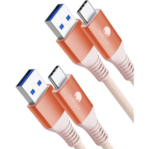 Thef-Lot De 2 Câbles Usb C Courts 1m 10gbps Usb 3.1 Gen2 Type C Android Auto Qc3.0 3,1 A Usb A Vers C Chargeur Rapide Pour Samsung Note20 Galaxy S23/S22 Z Flip 5 Tab S9 Pixel 8 Orange
