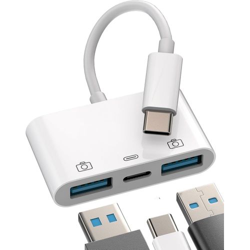 THEF-Adaptateur USB C vers Double USB A 3.0 (3 en 1) Type-C OTG Chargeur Rapide Splitter Thunderbolt Compatible avec Samsung MacBook Air pour iPad Pro