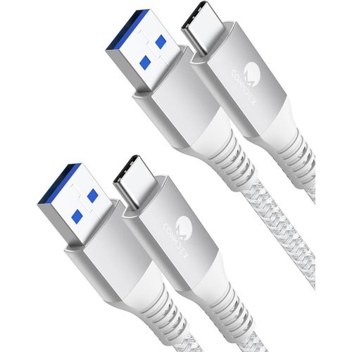 Thef-Lot De 2 Câbles Usb C Courts 1m 10gbps Usb 3.1 Gen2 Type C Android Auto Qc3.0 3,1 A Usb A Vers C Chargeur Rapide Pour Samsung Note20 Galaxy S23/S22 Z Flip 5 Tab S9 Pixel 8 Argent