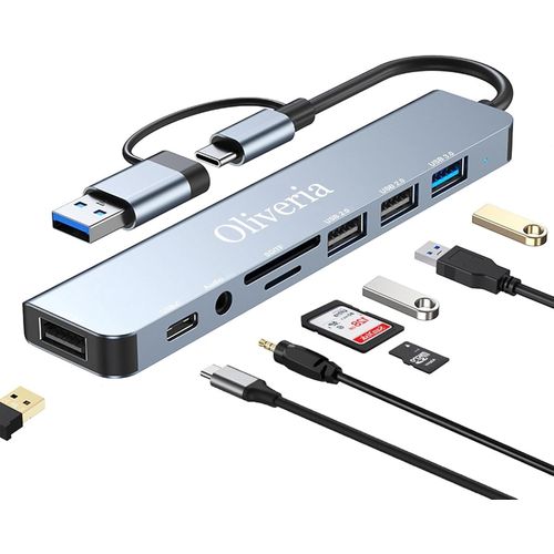 Hub USB C 3.0,8 en 2 USB Hub 3.0 Multiport lecteur de carte SD & TF,ports USB 3.0 et USB 2.0,100 W PD,ports audio 3,5 mm,hub USB type C MacBook Air/Pro,Galaxy,iPad,Windows,etc