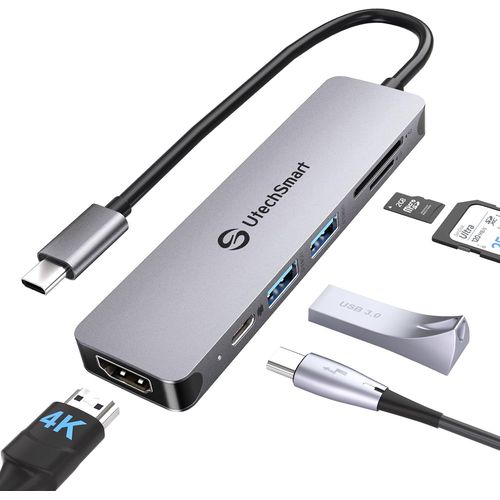 Hub USB C, 6 en 1 Adaptateur USB C vers HDMI 4K 60Hz,2 Ports USB 3.0,PD 100W,Lecteur de Cartes SD/TF,pour MacBook Pro/Air M1,Dell,HP,Lenovo,Steam Deck et Les dispositifs de Type C