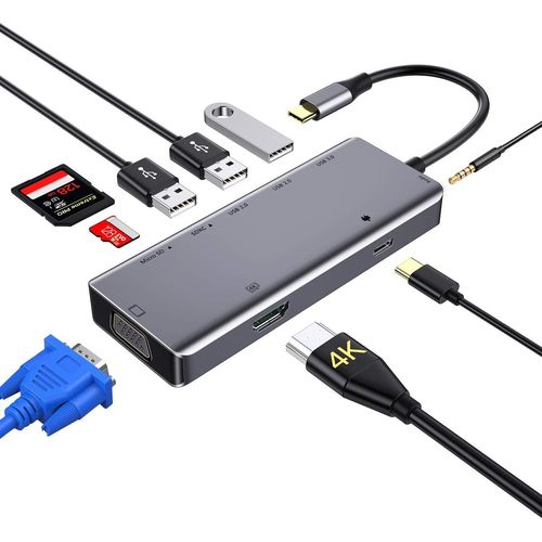 Hub USB C 9-en-1 Concentrateur de Type C vers HDMI 4K,VGA,USB 3.0,Lecteur de Carte SD & Micro SD,3.5mm AUX Jack,Alimentation USB-C,Adaptateur pour MacBook Pro/Air 2018 et Plus