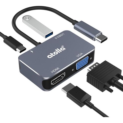 Hub USB C,Adaptateur USB C vers HDMI UHD avec Port HDMI 4K @ 30Hz + VGA 1080P + Port USB 3.0 + PD 60W pour MacBook air/MacBook Pro 2019/2018 et USB Type C périphériques