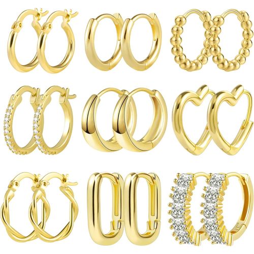 9 Paires Boucles D'oreilles De Créoles En Or Véritable 14k Plaqué Or Pour Femmes,Hypoallergénique Cartilage Huggie Créoles Avec Aaa+ Zirconium Twist Piercing Boucles D'oreilles.[X2537]
