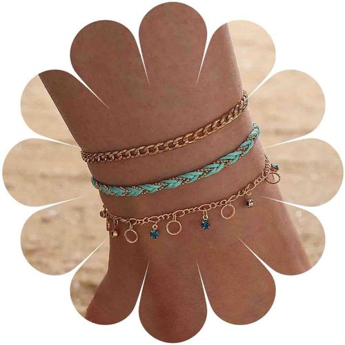 Cmjaagur-Boho Layered Ankle Bracelet Blue Rope Anklet Crystal Anklet Pendant Rope Anklet Ankle Bracelet Beach Foot Chain, Metal Crystal[M539]