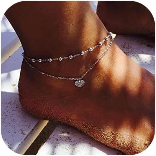 Cmjaagur-Double Anklet Silver Heart Ankle Bracelets Layers Love Beads Foot Chain Jewellery For Women And Girls[M801]