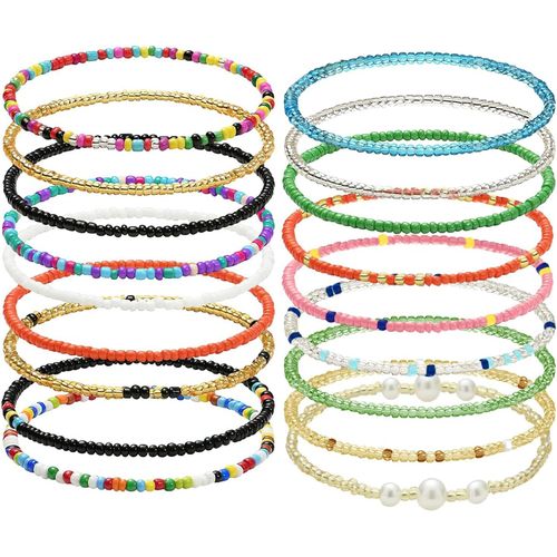 Cmjaagur-18 Pieces Anklets For Women, Multilayer Anklets For Women, Elastic Beaded Anklets Large Size For Women Girls Beach Holiday[M592]