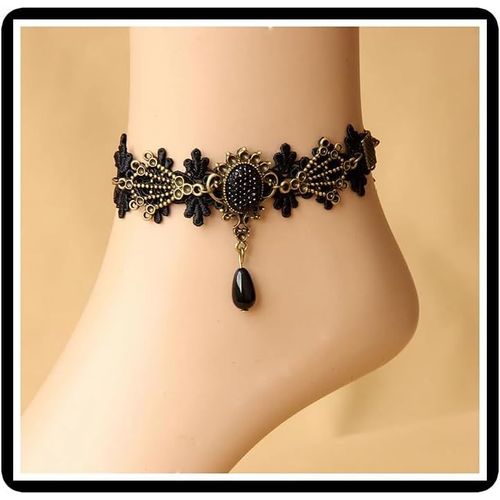 Cmjaagur-Women Gothic Lace Rhinestone Carved Rose Crystal Anklet Ankle Bracelet[M393]
