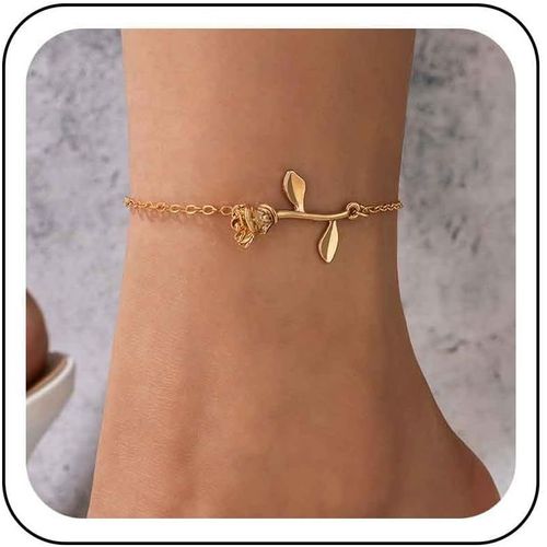 Cmjaagur-Anklet Boho Rose Flower Gold Sideway Birth Flower Anklet Summer Beach Geometric Floral Ankle Chain Foot Jewellery For Women And Girls, Metal[M612]