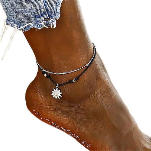 Cmjaagur-Bracelet De Cheville En Corde Avec Pendentif Tournesol Bohème - Chaîne De Cheville En Argent Avec Perles Noires - Pour L'été Et La Plage - Pour Femme Et Fille[M817]
