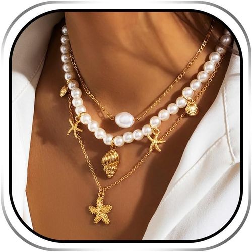 Cmjaagur-Boho Layered Gold Beads Starfish Pendant Necklace For Women One Size Starfish Shell Pearl No Gem, Starfish, Shell, Pearl, No Gemstone[M627]