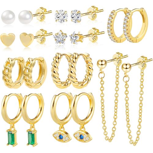 9 Paires Boucles D'oreilles De Créoles En Or Véritable 14k Plaqué Or Pour Femmes,Hypoallergénique Cartilage Huggie Créoles Avec Aaa+ Zirconium Twist Piercing Boucles D'oreilles.[X2538]