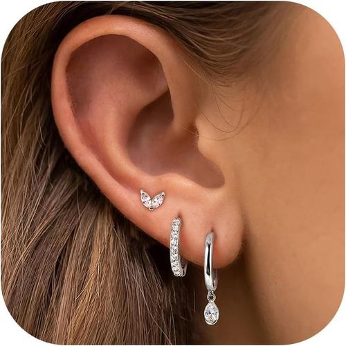 3 Paires De Boucles D'oreilles En Or Pour Femmes Et Filles Ensemble Hypoallergénique En Argent 925 Avec Créoles Et Clous D'oreilles Plaqué Or 14k Avec Papillon Et Zircon.[X2551]