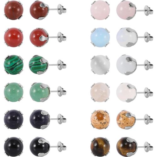 Lot De 12 Paires De Boucles D'oreilles Rondes En Acier Inoxydable Plaqué Or Avec Pierre Précieuse Naturelle ?Il De Tigre,Quartz Rose,Onyx,Opale Pour Femme.[X3366]