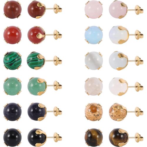 Lot De 12 Paires De Boucles D'oreilles Rondes En Acier Inoxydable Plaqué Or Avec Pierre Précieuse Naturelle ?Il De Tigre,Quartz Rose,Onyx,Opale Pour Femme.[X3370]