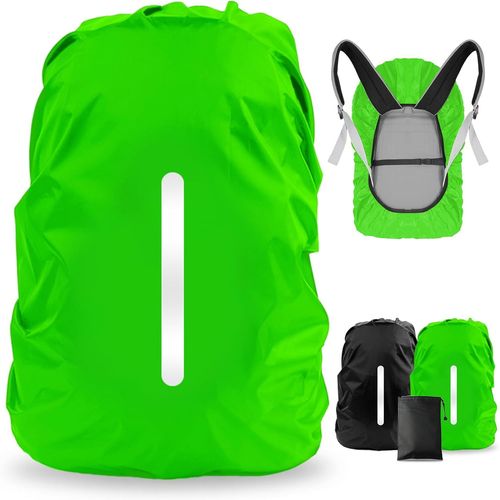Housse de Pluie Sac à Dos Habillage Pluie imperméable Cartables avec Boucle de réglage à Bandes réfléchissantes XL (56L-70L),Noir+Vert