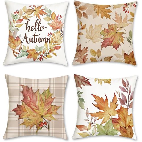 Kalanka-Housse De Coussin Automne Feuilles 45 X 45 Cm Feuille Couronne Plaid Velours Doux Décoratif Taie D'oreiller Pour Canapé Salon Chambre Jardin Maison Décoration 4 Pièces