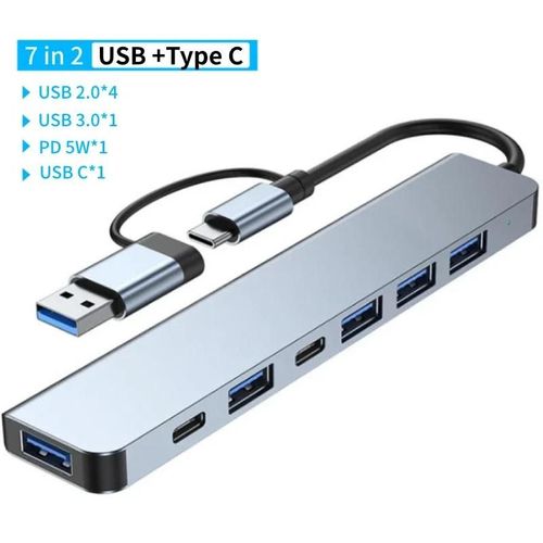 Adaptateur USB 3.0 Type C, station d'accueil, Port USB 2.0, lecteur de carte SD TF, sortie Audio, séparateur multi-hub pour ordinateur Macbook Pro-7 en 2 PD