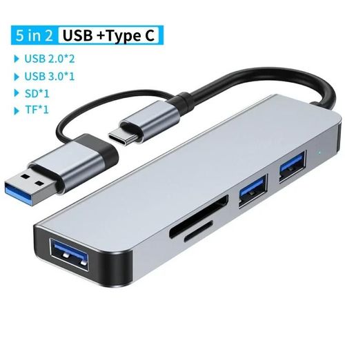 Adaptateur USB 3.0 Type C, station d'accueil, Port USB 2.0, lecteur de carte SD TF, sortie Audio, séparateur multi-hub pour ordinateur Macbook Pro-5 en 2 SD