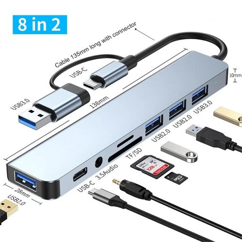 Adaptateur USB 3.0 Type C, station d'accueil, Port USB 2.0, lecteur de carte SD TF, sortie Audio, séparateur multi-hub pour ordinateur Macbook Pro-8 sur 2