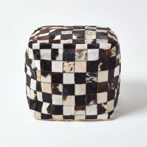 Pouf Carré En Cuir Motifs À Carreaux Marron 36 X 36 X 38 Cm