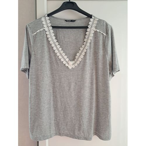 T-Shirt Neuf Taille 46-48 Gris Macramé Blanc Au Col