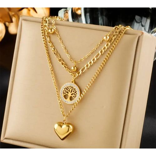 Collier Multi Rangs Doré C?ur Arbre, Bohème, Chic Parfait Pour L'Été, En Acier Inoxydable
