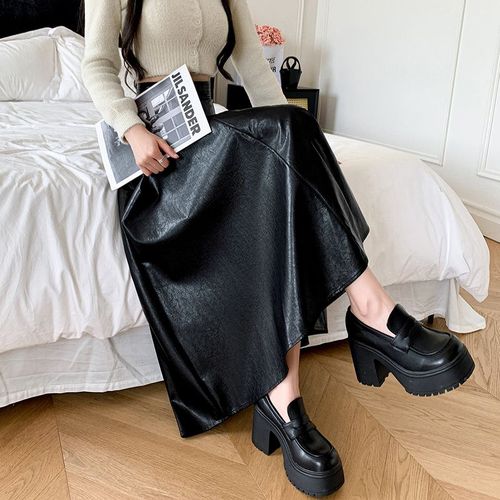 Jupe Parapluie Trapèze Mi-Longue Pour Femme, Automne Et Hiver, Grande Jupe Trapèze En Cuir, Taille Haute, Mi-Longue, Couvrant Les Hanches, Jupe Longue En Cuir Pu