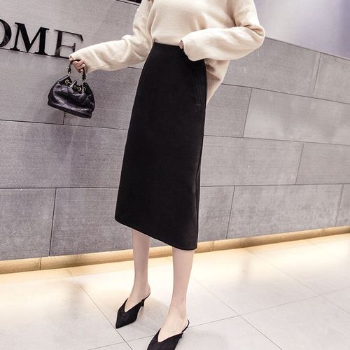 Jupe En Laine Slim Taille Haute Style Hong Kong D'hiver, Jupe Trapèze, Jupe Mi-Longue En Laine Enveloppée Sur Les Hanches