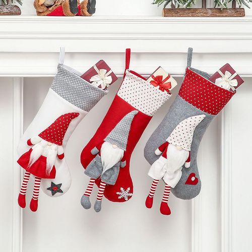 Pack De 3 Chaussettes De Noël Nordique Sans Visage Représentant D'un Vieil Homme, Nain, Sac De Cadeau