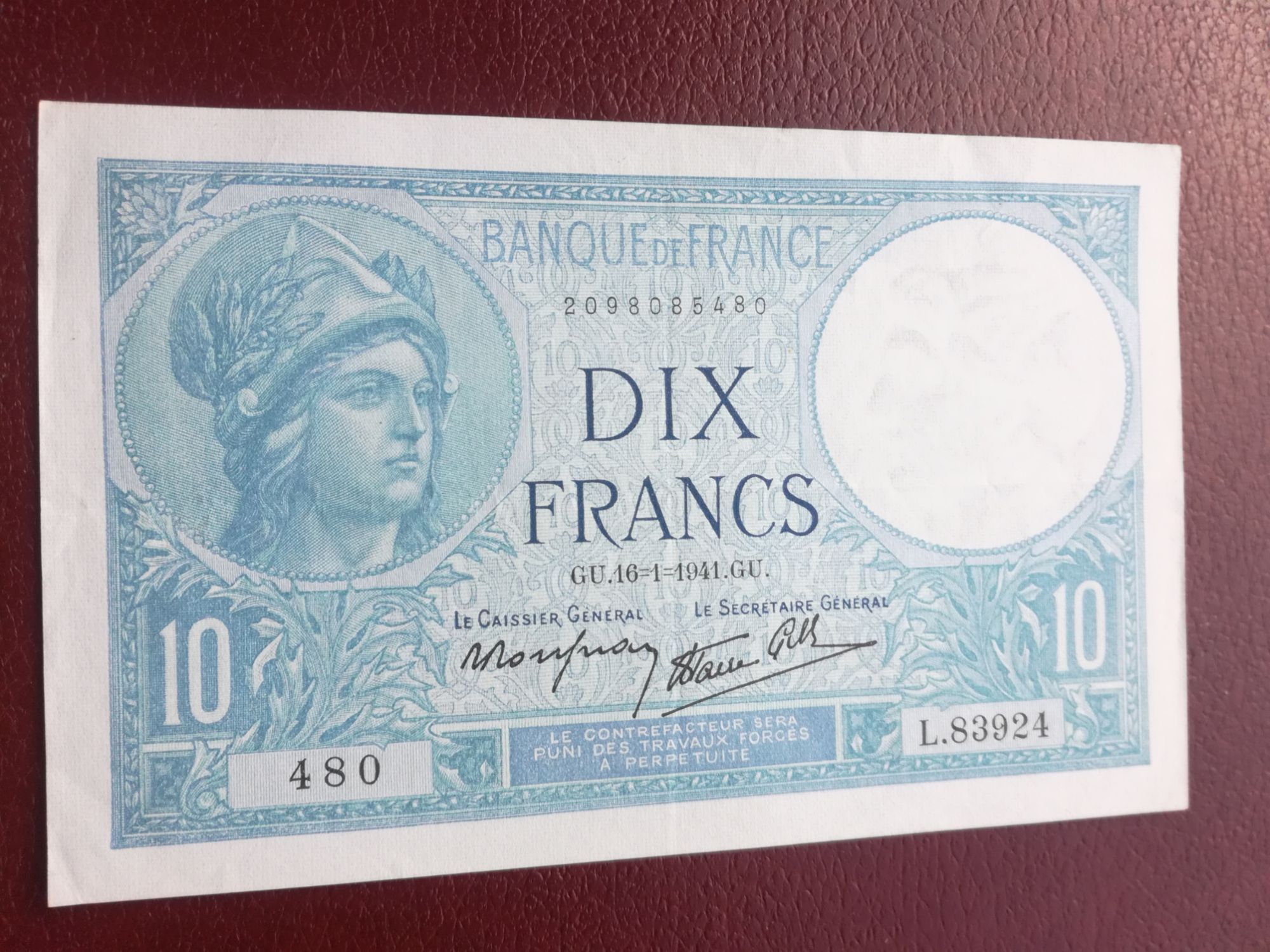 10 Francs Minerve Comme Neuf