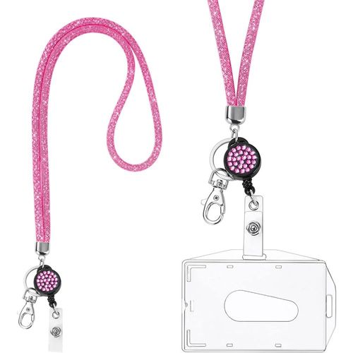 Lanière Collier En Cristal, (Rose Pêche) Porte-Clés Bling Porte-Badges Transparent Avec Lanière En Cristal Rétractable Et Porte-Cartes D'identité,Pour Carte De Visite,Carte Bus