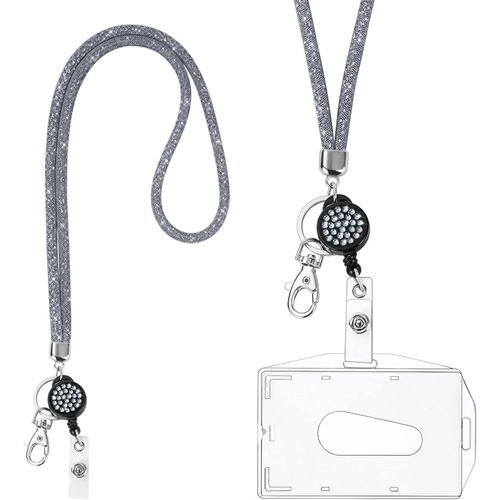 Lanière Collier En Cristal, (Gris) Porte-Clés Bling Porte-Badges Transparent Avec Lanière En Cristal Rétractable Et Porte-Cartes D'identité,Pour Carte De Visite,Carte Bus