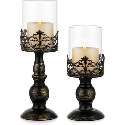 Bougoire Chandelier en Ouragan Noir en Détresse Vintage 2pcs, Socle Polyvalent en Verre de Piédestal Métallique Base pour la Décoration de Fête Mariage Décoration Cheminée 27cm & 33cm
