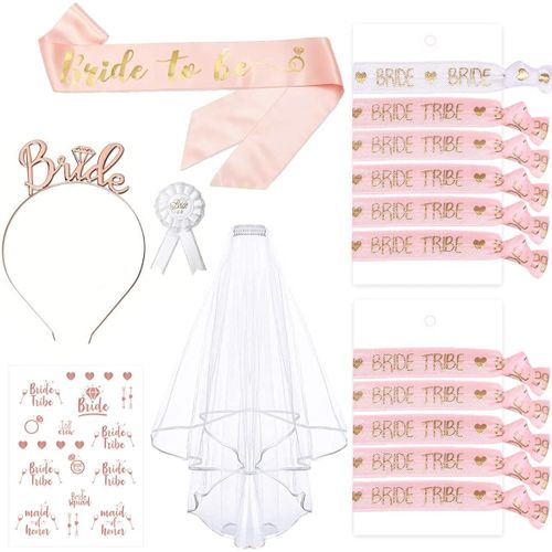 16pcs Accessoire, Enterrement De Vie De Jeune Fille Accessoire, Kit Bracelet Avec 10 Bracelet, 1 Bracelet Future Mariée, Écharpe, Badge, Voile Mariée, Bandeau Diadème, Tatouage